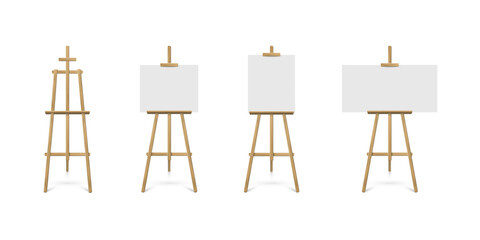 Wooden easel stands with blank white canvas board for painting. 3D isolated art studio mockup for artist exhibitions and creative displays. Realistic vector illustrations set.