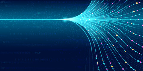 Abstract tech background with data flow network. Vector realistic illustration of neon blue line connection, AI algorithm pattern, digital technology, computer data analysis, information stream