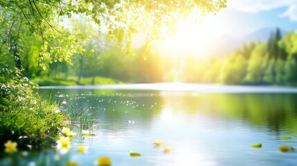 Sunlight dappling across a serene lake with reflections of trees and distant mountains on a bright summer day