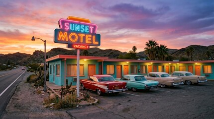 Retro Vintage Motel with Classic Cars at Sunset, 1950s–1960s Style