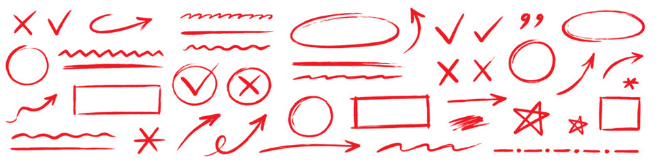 Line arrow hand drawn crayon set. Hand drawn line arrow crayon chalk paint red brush texture underline. Check doodle star curve squiggle zigzag graffiti blackboard background. Vector illustration