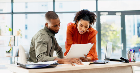 Document, business and people in office with advice, planning or review of resume for hiring. Application, portfolio and human resources team with paper for question, decision or career assessment