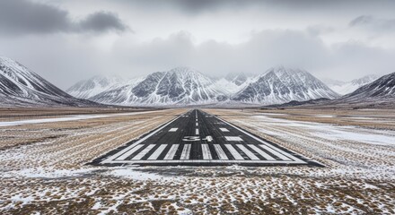 Snowy runway leading to majestic mountains under a cloudy sky landscape