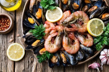Delicious platter of fresh seafood, including plump shrimp and mussels, garnished with lemon and parsley.