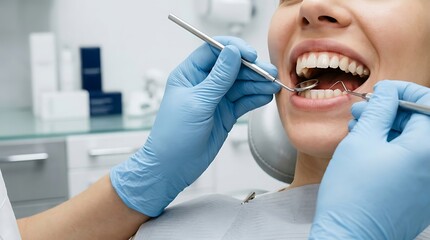 Close-up of a smiling person's teeth being examined by a dentist using dental tools in a bright, clean examination room