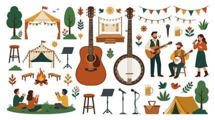Acoustic guitar and banjo on small wooden stage vector elements for folk music festival branding and outdoor concert promotion
