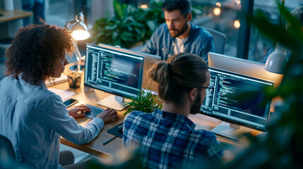 A AI startup team viewed from above develops softly bright software in a calm modern office analyzing system performance during QA testing in soft daylight startup