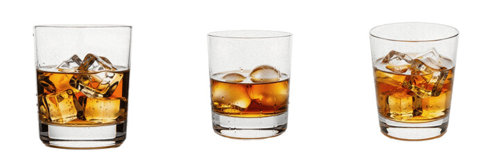 Glasses of whiskey with ice cubes isolated on white background highball glass with alcoholic beverage for menu design and bar advertising as seen in image