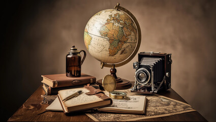 Vintage world globe surrounded by antique books, brass compass, old maps and retro decor in warm atmospheric lighting. Classic travel and exploration concept with nostalgic study interior, timeless kn