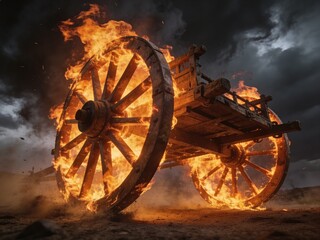 Cinematic low angle shot of massive burning wooden chariot wheels lifting off the ground into a dark stormy sky with copy space