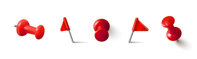 Red 3D pushpin and flag pin icons set isolated on white background. Vector realistic illustration of thumbtack for office board, memo fixing, school collage or map location marker, gps pointer design