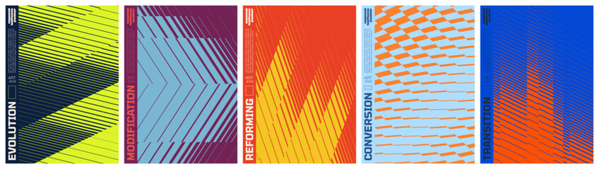 Abstract vector poster set with linear gradients and geometric distortion patterns, Minimalist halftone artwork visual transformation and dynamic motion ornament with transition effect, kit 4
