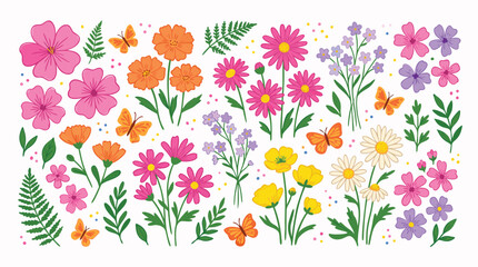 Colorful Spring Wildflowers Butterflies and Botanical Leaves Hand Drawn Flat Illustration Set