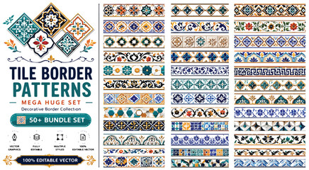 Mediterranean Tile Border Patterns Mega Huge Set, 50+ Decorative Border Collection, Ornate Moroccan and Spanish Mosaic Vector Graphics for Interior Design