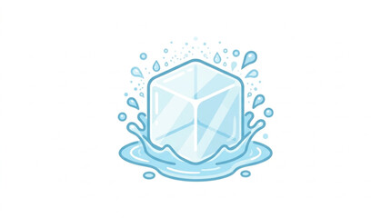 Clear ice cube splashing in water with droplets.