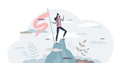 Successful businesswoman as confident female work leader tiny person concept, transparent background. Career professional achievement top and future ambition illustration. Corporate progress peak.