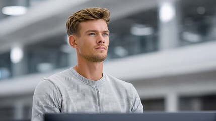 Young adult man office modern workspace professional focused technology casual male employee business workplace confident