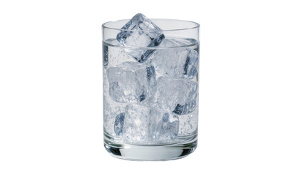 Clear glass filled with sparkling water and ice cubes, isolated on transparent background