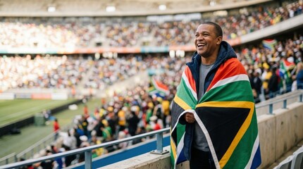 South African football fan celebrating in stadium stands
