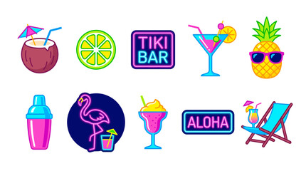 A collection of ten vibrant neonstyle tropical icons including drinks fruit a flamingo and beach furniture