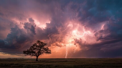 Dramatic Lightning Strike Illuminates a Lone Tree Under a Stormy Sky at Sunset.