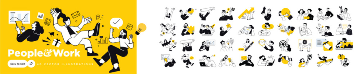 People and work. Vector illustrations of people in various business activities. Concepts for graphic and web design, social media, business presentation and marketing material. 