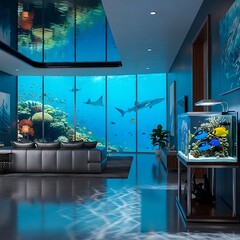 Modern Underwater Living Room Overlooking Coral Reef and Shark Aquarium