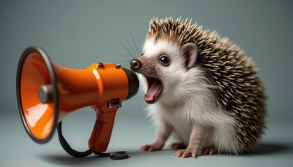 Small hedgehog animal shouts into orange megaphone. Cute spiky mammal makes loud noise with loudhailer. Fun protest or announcement concept with wild creature.