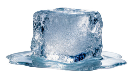 Melting ice cube with water puddle