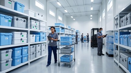 Medical supply warehouse with staff checking storage containers. Concept of healthcare logistics, hospital inventory, pharma storage, supply chain, and stock control.