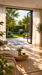 Sunlit living room with open wood framed doors to garden