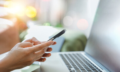 Person use smartphone and laptop used for email management,Customer communication,Online workflow,business productivity,Mobile connectivity,Digital communication,Remote work,Secure information access