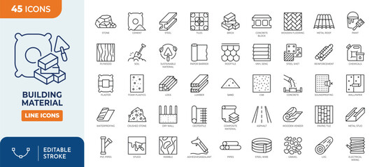 Building Materials icon set. Editable stroke. Vector illustration