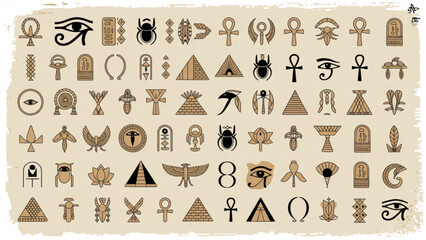 Collection of flat style ancient egyptian hieroglyph symbols and icons Vector