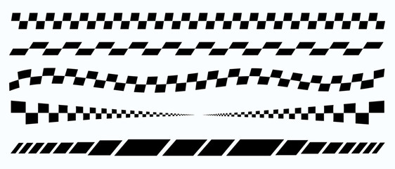 Seamless checkered racing flag border pattern with black and white finish line ribbon, motorsport grid texture for rally banner vector