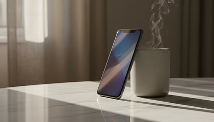 Smartphone propped against coffee mug on a marble table in warm morning sunlight, representing a mindful start and digital lifestyle concept