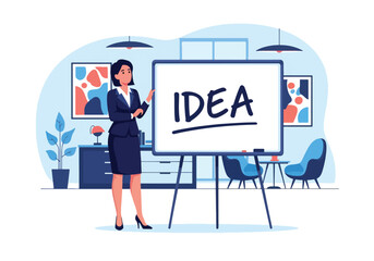 Flat style vector illustration of a businesswoman presenting a creative idea on a whiteboard in a modern office, symbolizing innovation, brainstorming, leadership, and strategic planning