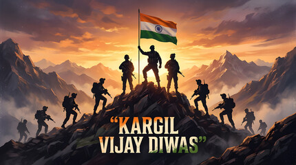Indian soldiers holding flag on mountain peak at sunset during Kargil Vijay Diwas celebration