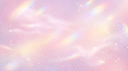 Holographic pastel sky background with rainbow prism light leaks, ethereal pink clouds with sparkling glitter texture, dreamy aesthetic wallpaper
