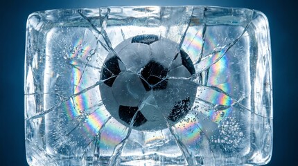 Soccer ball frozen inside cracked ice cube on blue background with light effects