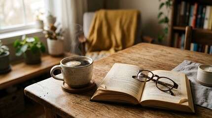 fresh pour over coffee beside an open book and reading glasses