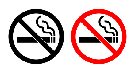 No smoking sign icon set, Black and red prohibited cigarette symbols for health safety, Smoke free zone warning signs for public places, Tobacco ban restriction vector illustration.