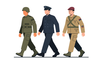 Three Soldiers in Different Uniforms Marching Side by Side