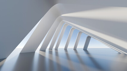 Abstract white 3D architectural geometric corridor structure with blue sky. Modern minimalist pavilion corridor for futuristic business, tech, and interior design