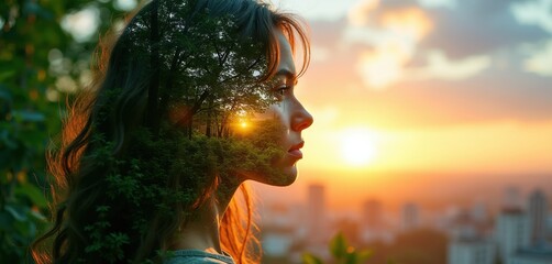 Woman profile overlaid with forest trees and sunset light. Double exposure shows nature within person. Think about future, dreams, hope, peace, city skyline background.