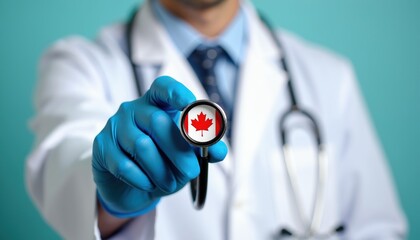 Doctor in blue gloves holds stethoscope with Canadian flag emblem. Medical pro checks health, offers care in Canada. National healthcare symbol, physician service.