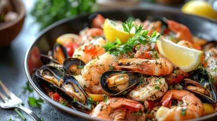 A vibrant dish of seafood served in a stylish restaurant, with a garnish of fresh herbs and a lemon wedge.