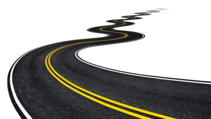 Winding asphalt road with double yellow lines and white edge, isolated on transparent background