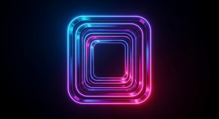 Abstract neon glowing square tunnel frames in blue and pink light