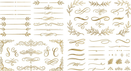 Elegant gold wedding ornament vector set featuring luxury calligraphic swirls filigree borders vintage text dividers botanical leaves wreaths and decorative flourishes.